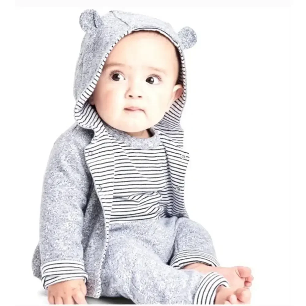 Baby Gap Teddy Bear Ears Knit Hoodie Reversible Stripes Newborn 0-3 Months